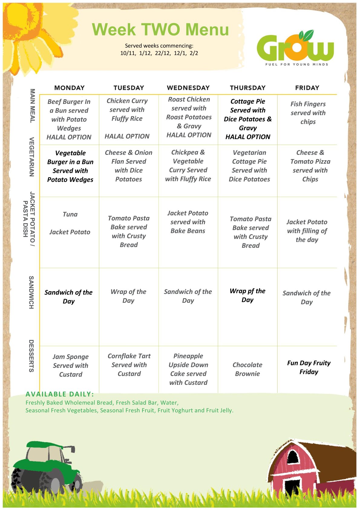 Week 2 November lunch menu